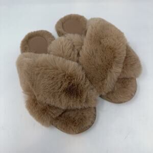 Auden Womens Slippers M 7-8 Brown Faux Fur Open Toe Slide Sandals Criss Cross